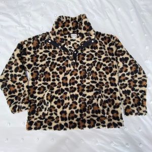 J. Crew Snap Collar Sherpa Sweatshirt in Leopard